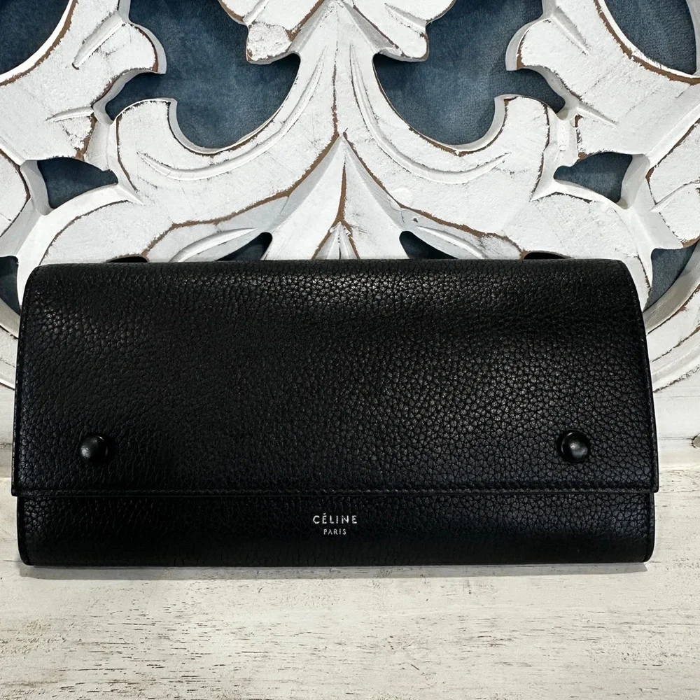 Celine Black Leather Flap Long Wallet Yellow Interior w COA - Picture 2 of 6